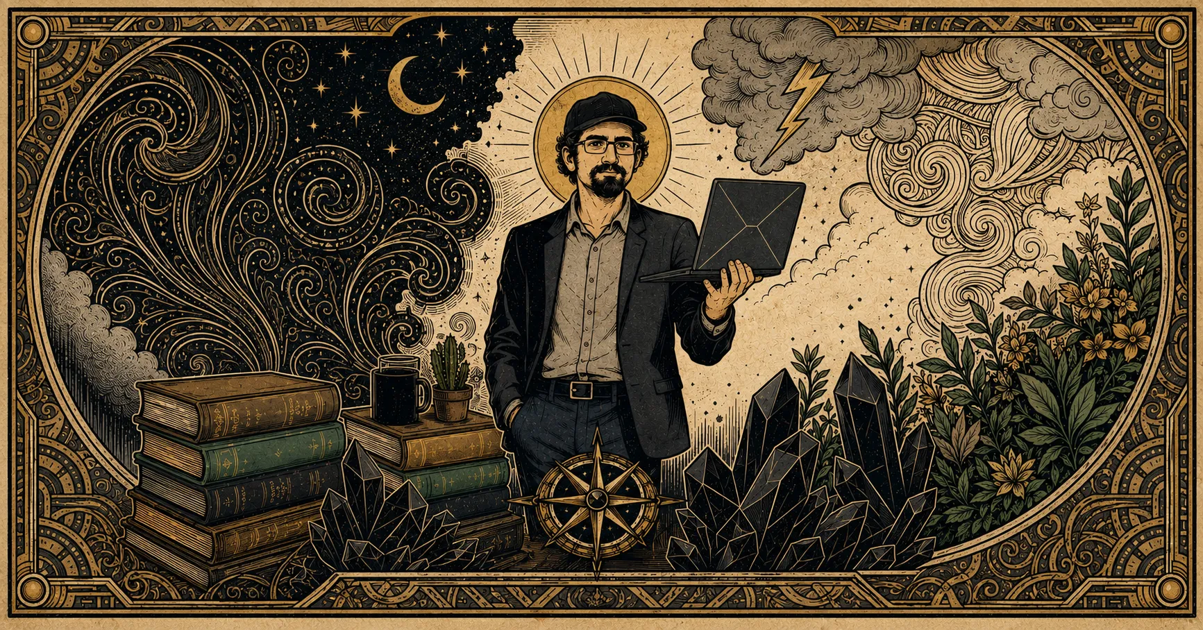An engraved tarot plate: Arya Kavian holding a laptop, between a starry night sky and a storm cloud, surrounded by books, crystals and foliage.